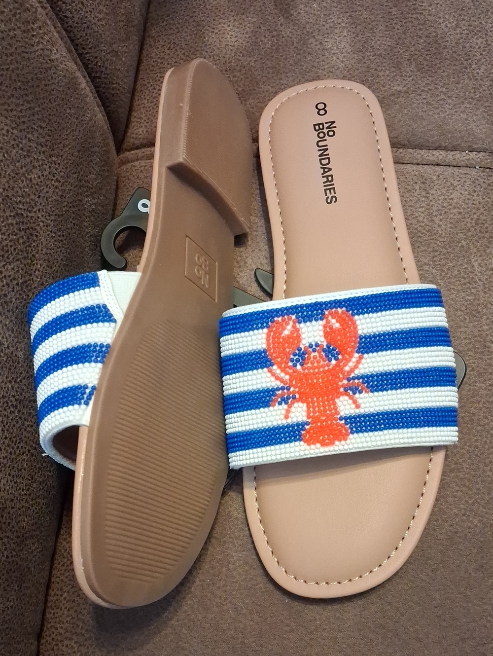 No Boundaries Women's Blue & White Stripe Slide Sandals with Red Lobster Size 8